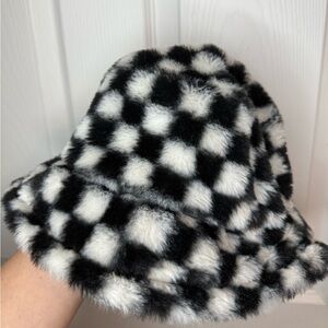 Amazon Black and White Checkered Faux Fur Hat
